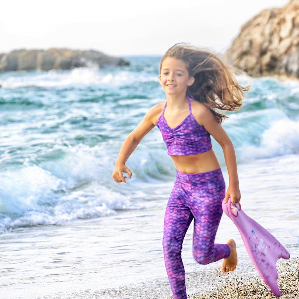Fin Fun at the beach with the Purple Surf Mermaid Leggings set