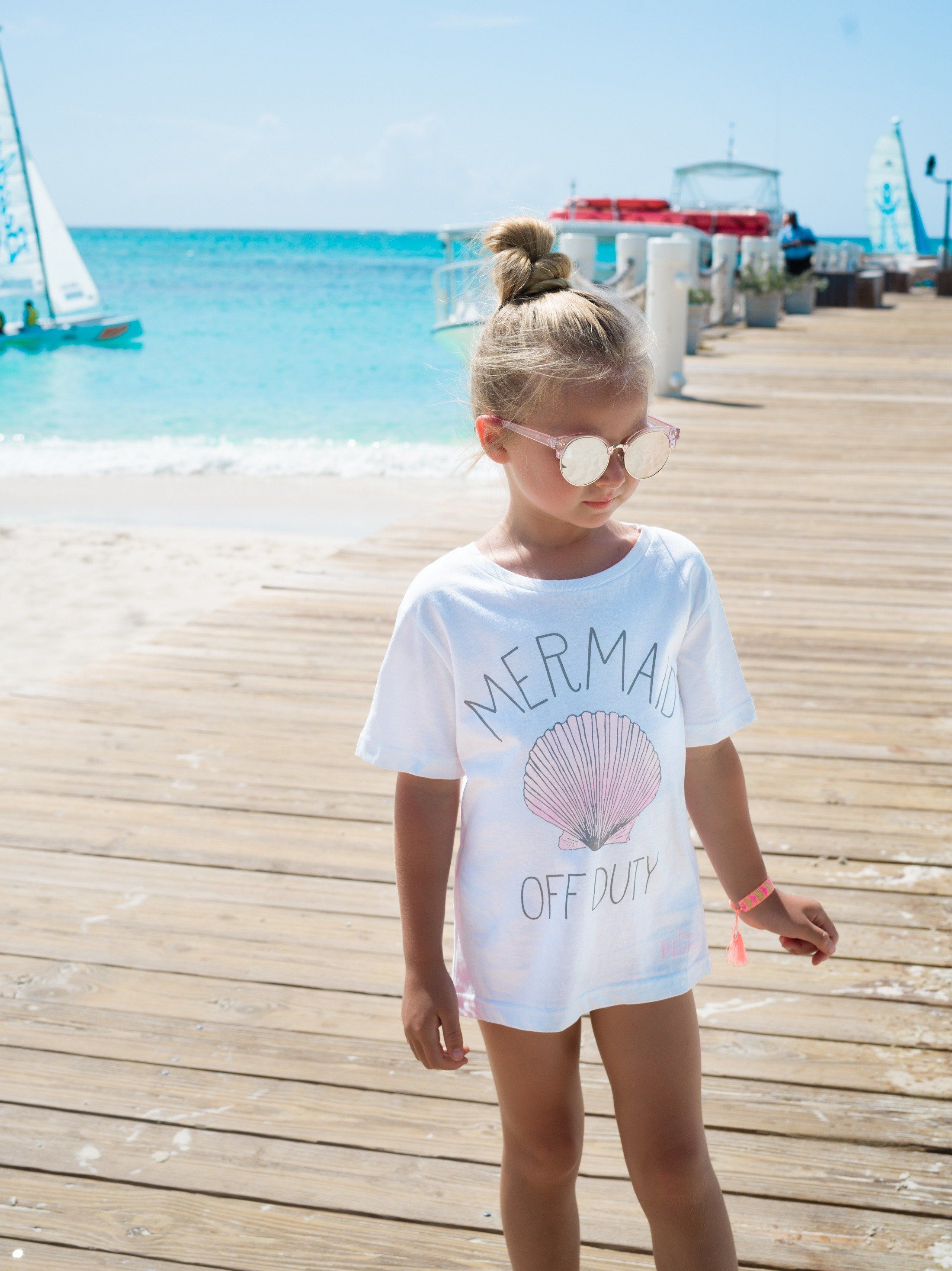 "Mermaid Off Duty" White Girls Cotton T-shirt With Print Worn on The Beach