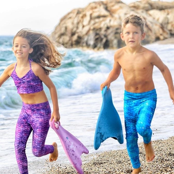 Frozen Aqua Mermaid Leggings fun with fins at beach