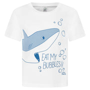 "Eat My Bubbles" Boys White Cotton T-shirt With Shark Print Front