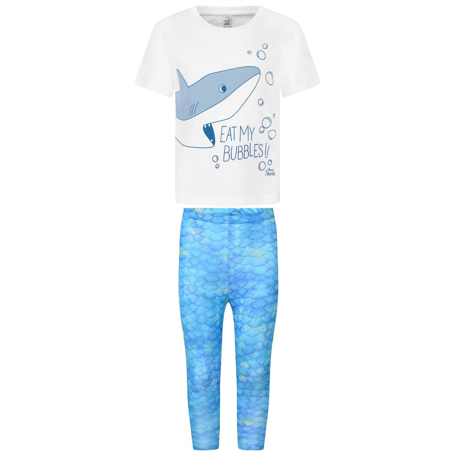 "Eat My Bubbles" Boys White Cotton T-shirt With Shark Print Matched with Blue Leggings