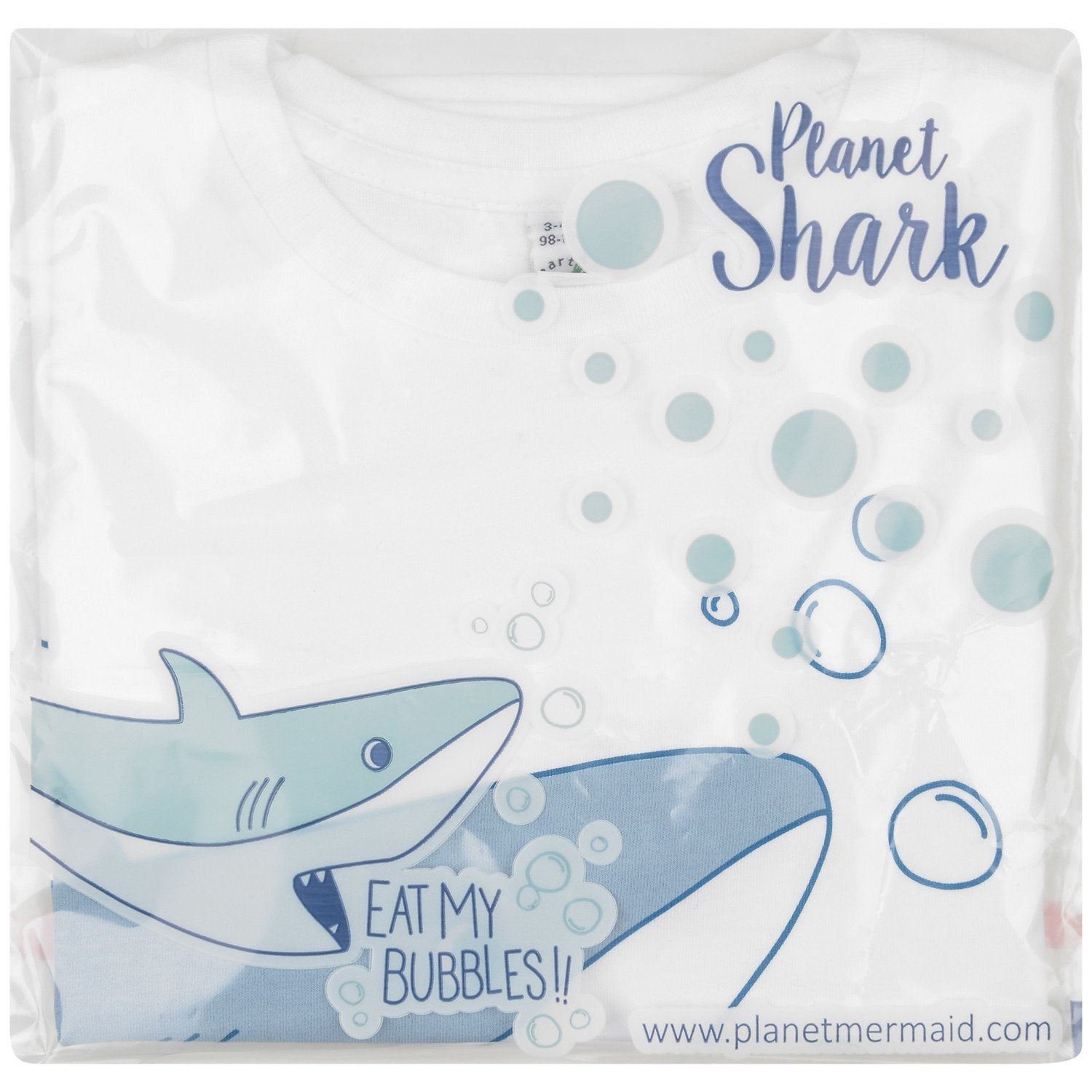 "Eat My Bubbles" Boys White T-shirt With Shark Print Packaging