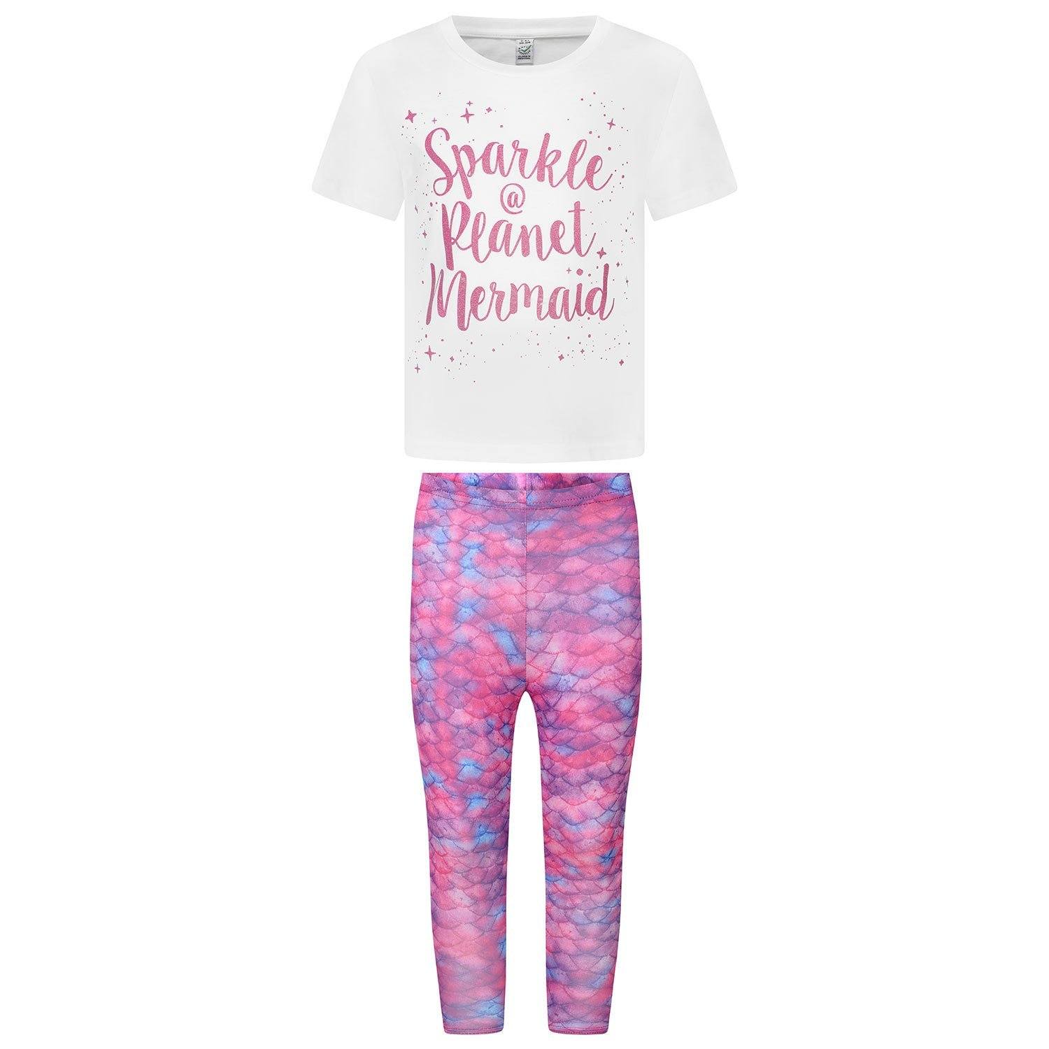 "Sparkle @ Planet Mermaid" Girls White Cotton T-shirt With Glitter Print Matched with Pink Leggings