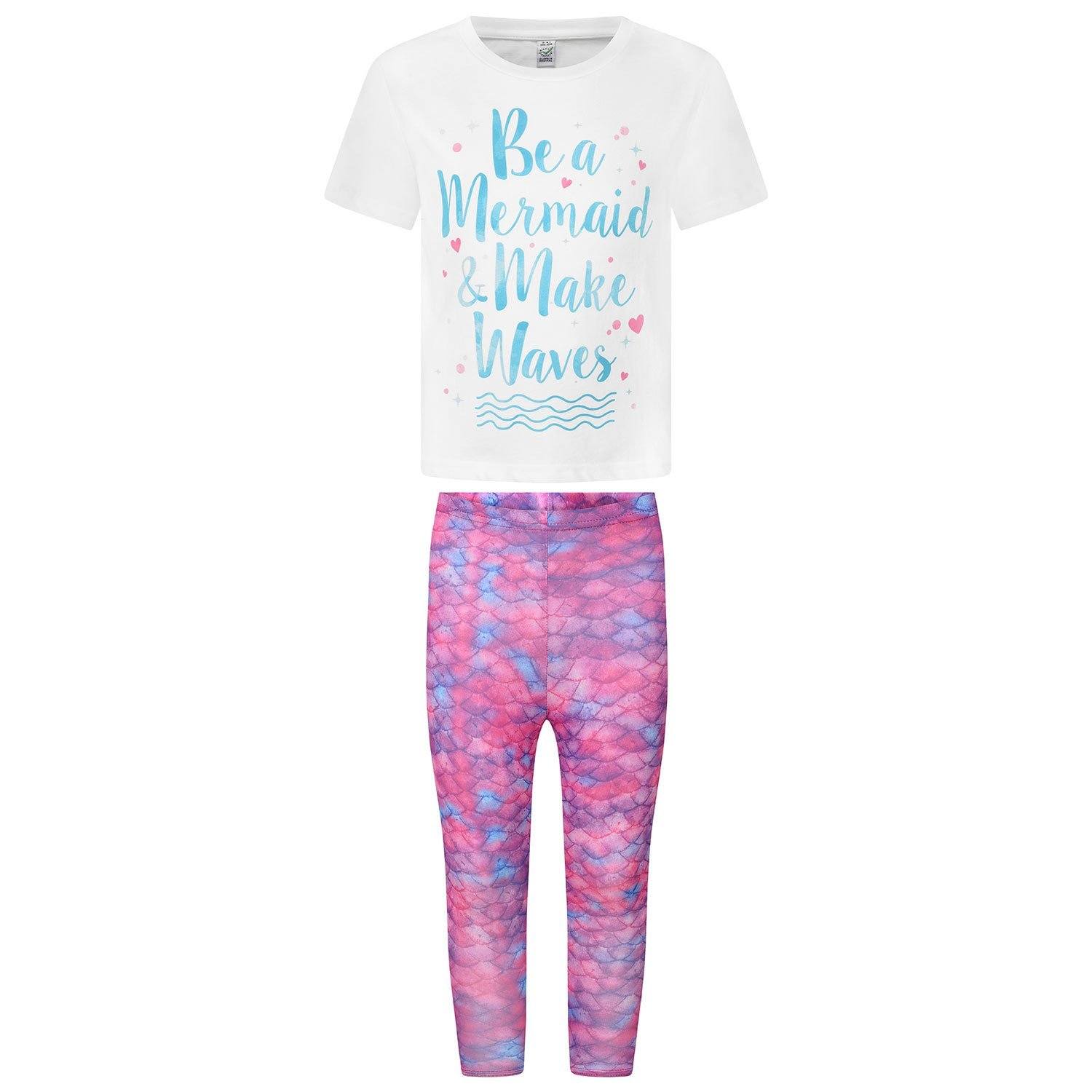 "Be a Mermaid and Make Waves" Girls White Cotton T-shirt With Pink Leggings