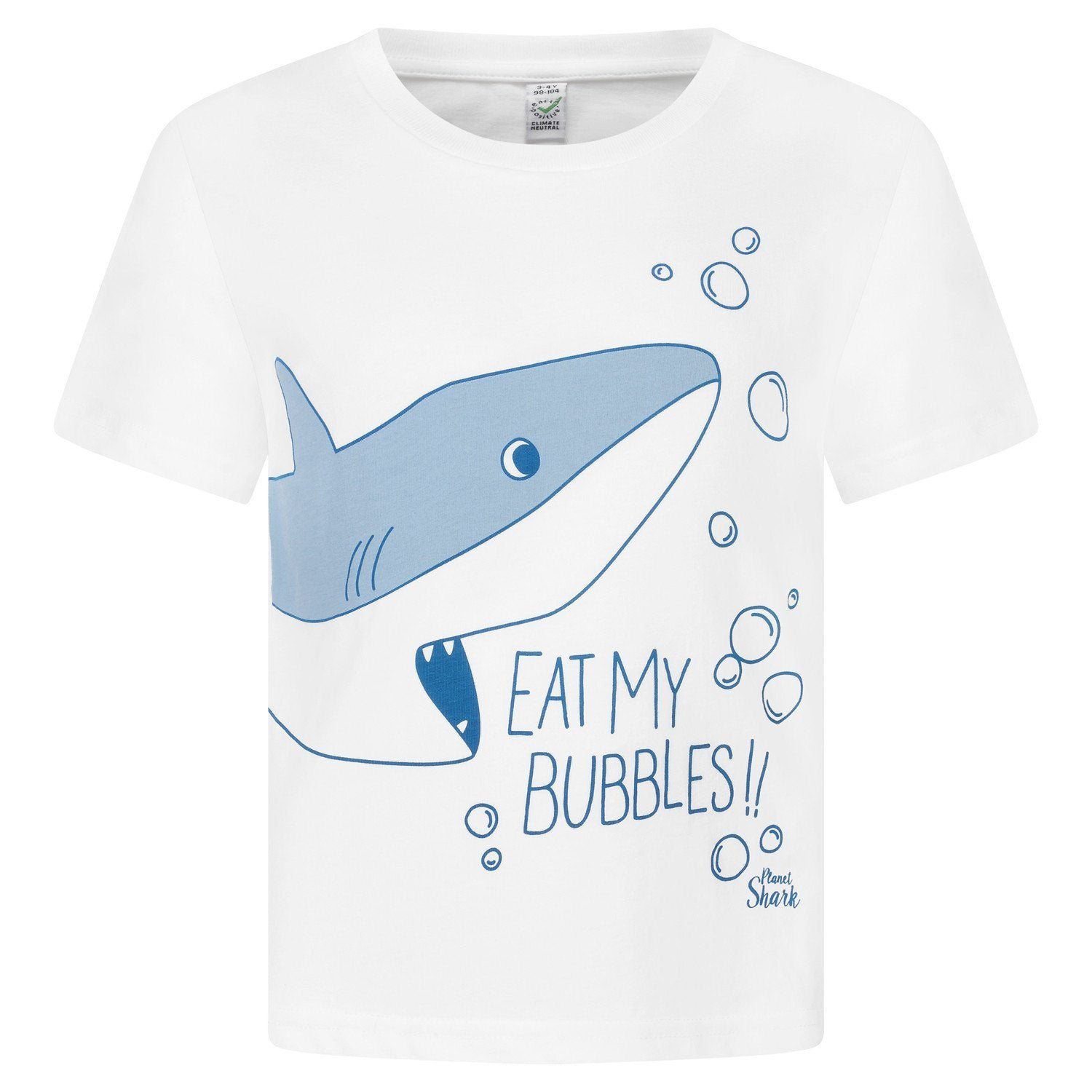 "Eat My Bubbles" Boys White Cotton T-shirt With Shark Print Front