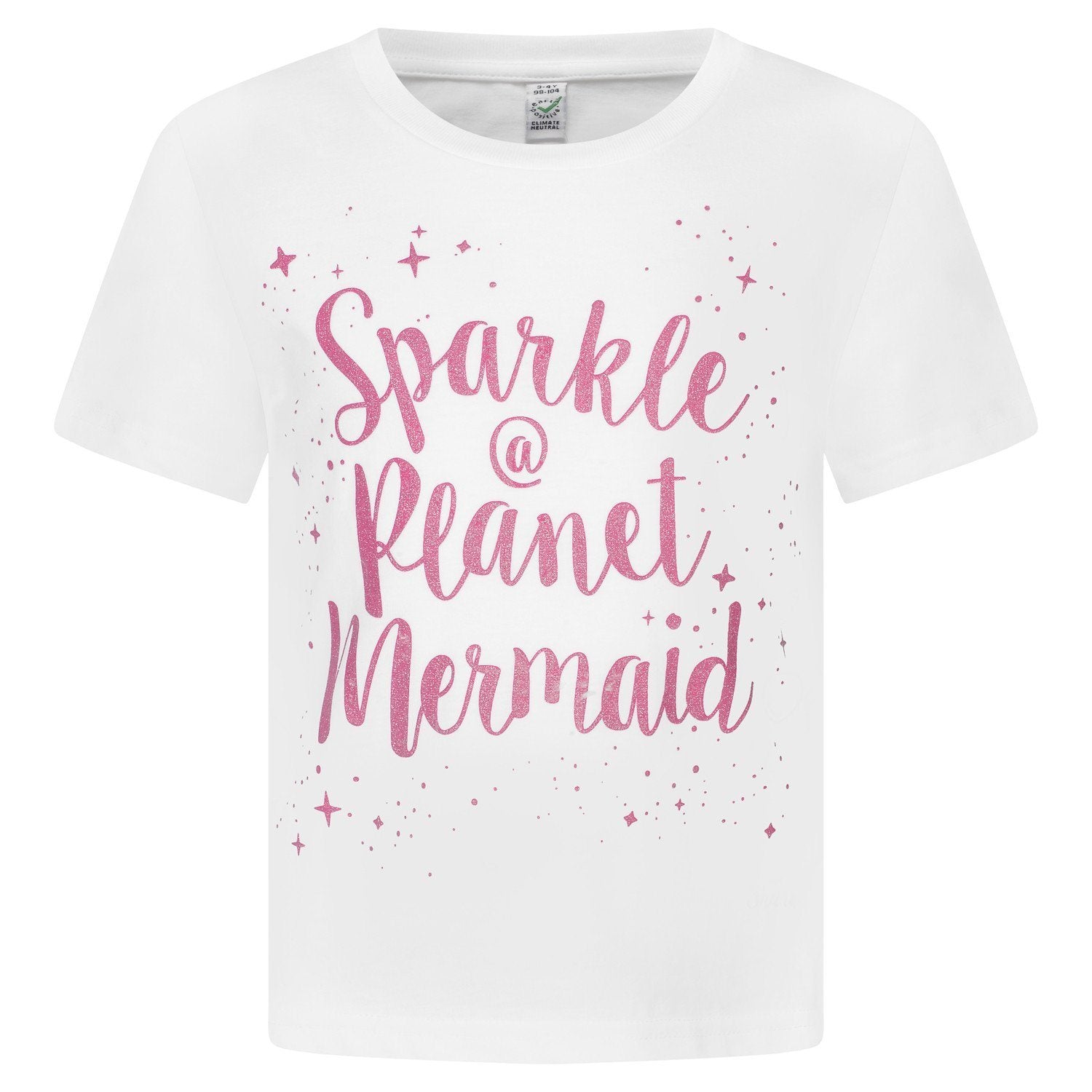"Sparkle @ Planet Mermaid" Girls White Cotton T-shirt With Glitter Print - Front